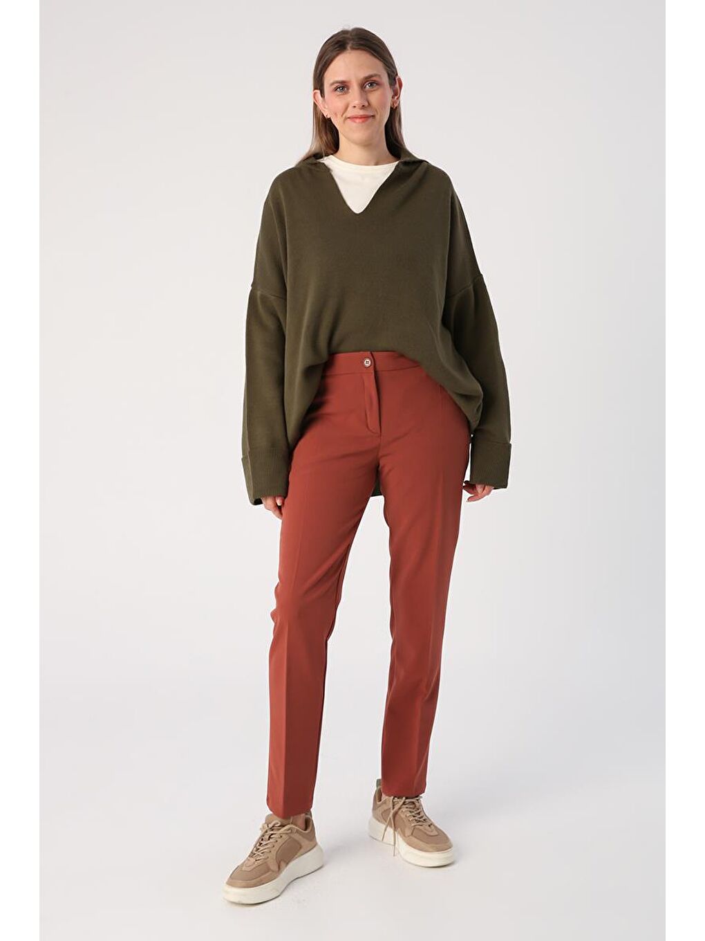 Kahverengi Kiremit Elastanlı Cigarette Pantolon-1