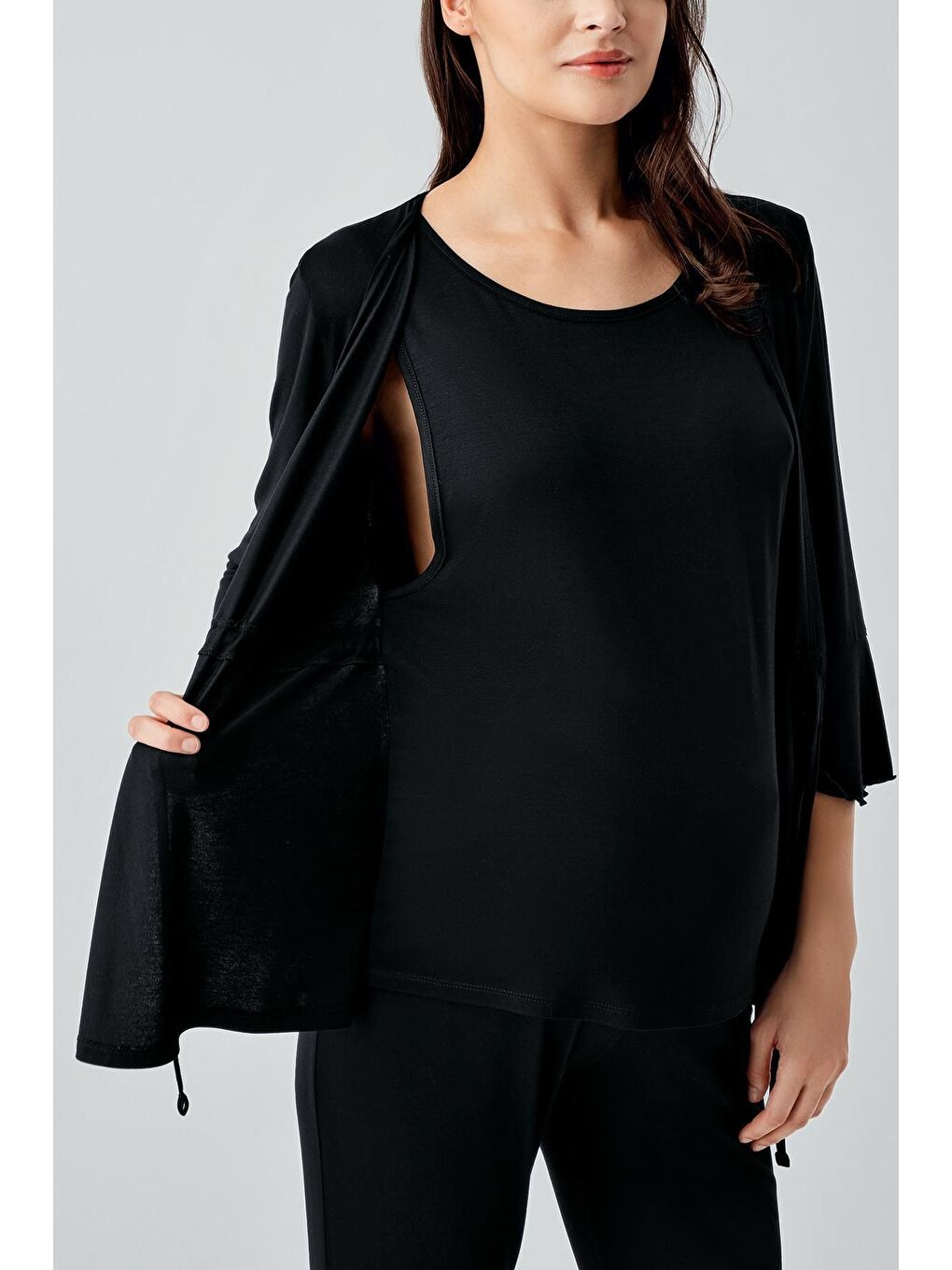 Siyah Truvakar Kol İspanyol Paça Esnek Viskoz Hamile Pijama Takım 17215-4