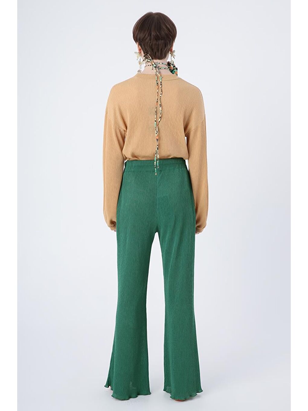 Yeşil-Piliseli Bol Paça Beli Lastikli Pantolon-3