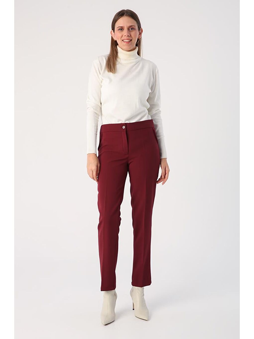 Bordo Elastanlı Cigarette Pantolon-1