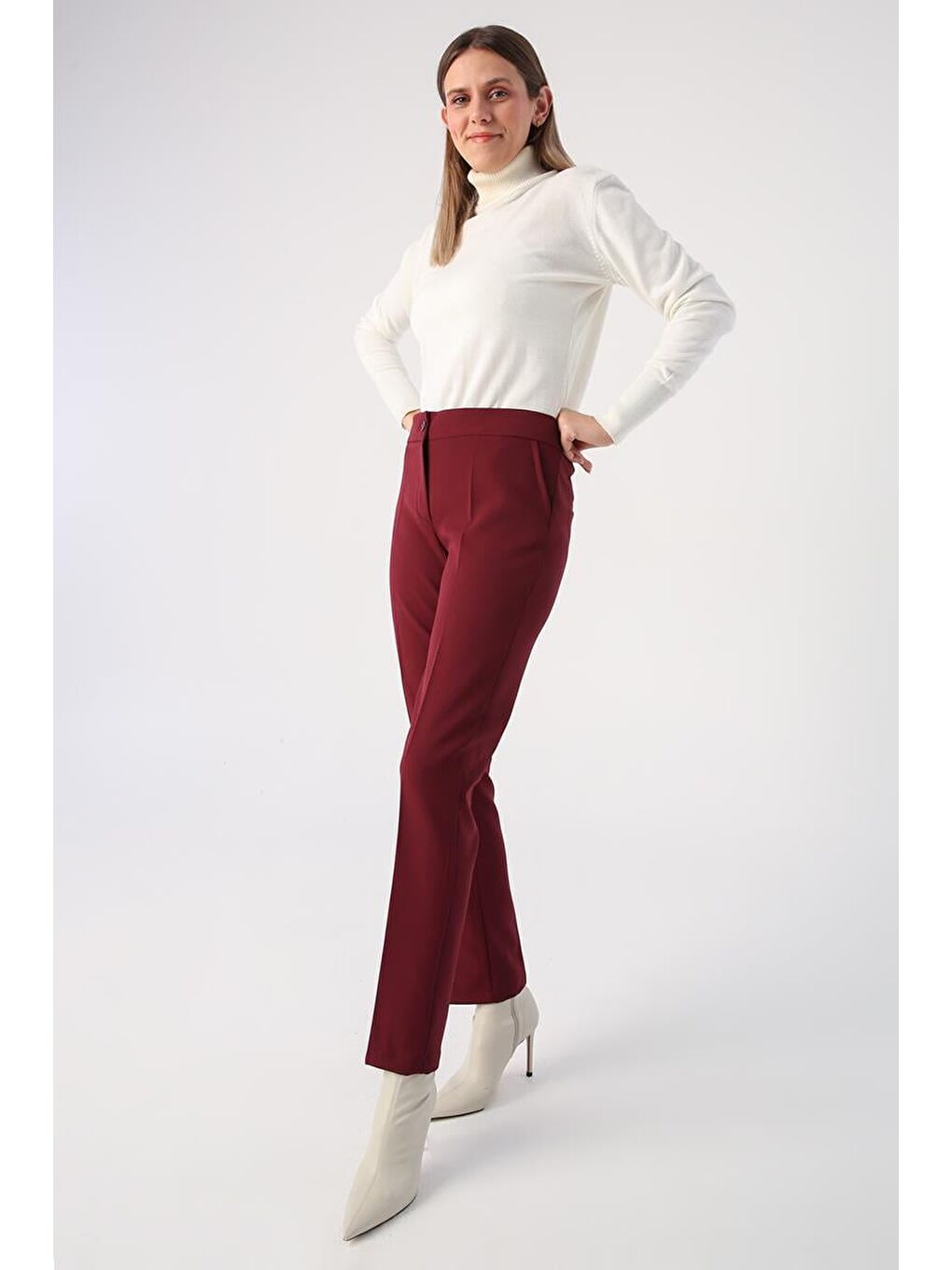 Bordo Elastanlı Cigarette Pantolon-2