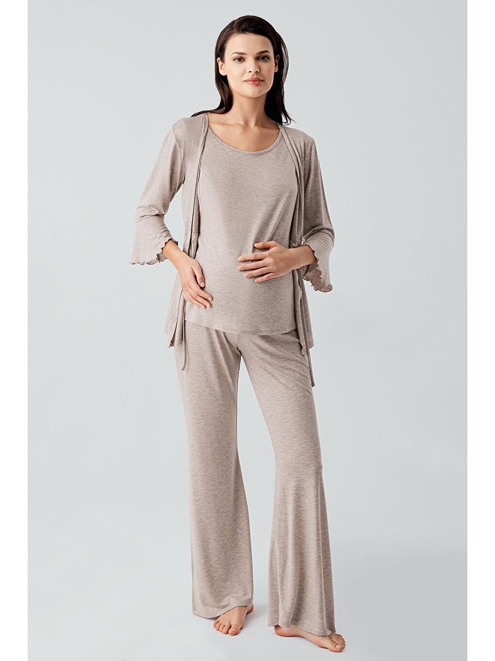 Bej Truvakar Kol İspanyol Paça Esnek Viskoz Hamile Pijama Takım 17215-1