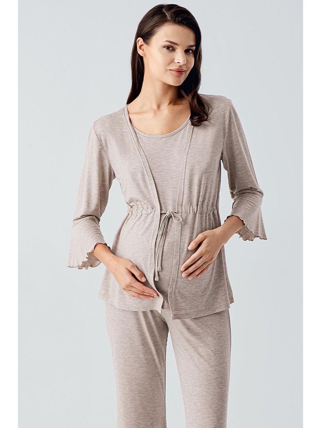 Bej Truvakar Kol İspanyol Paça Esnek Viskoz Hamile Pijama Takım 17215-2