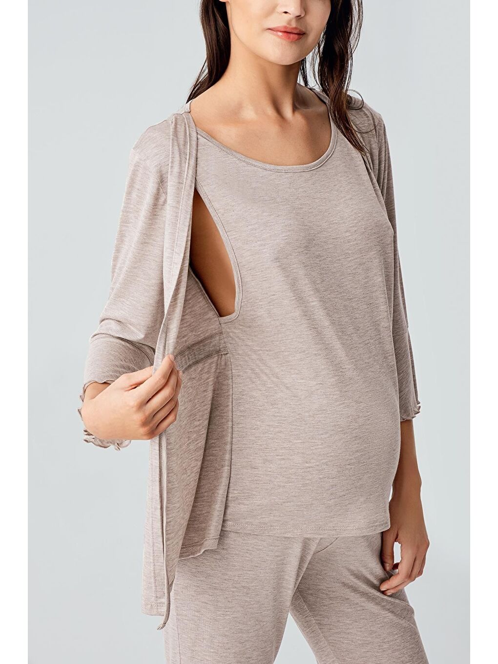 Bej Truvakar Kol İspanyol Paça Esnek Viskoz Hamile Pijama Takım 17215-4