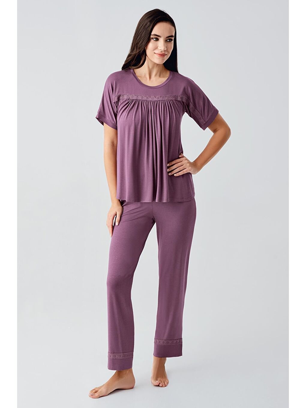 Mürdüm Dantelli Kısa Kollu Esnek Viskoz Pijama Takım 17204