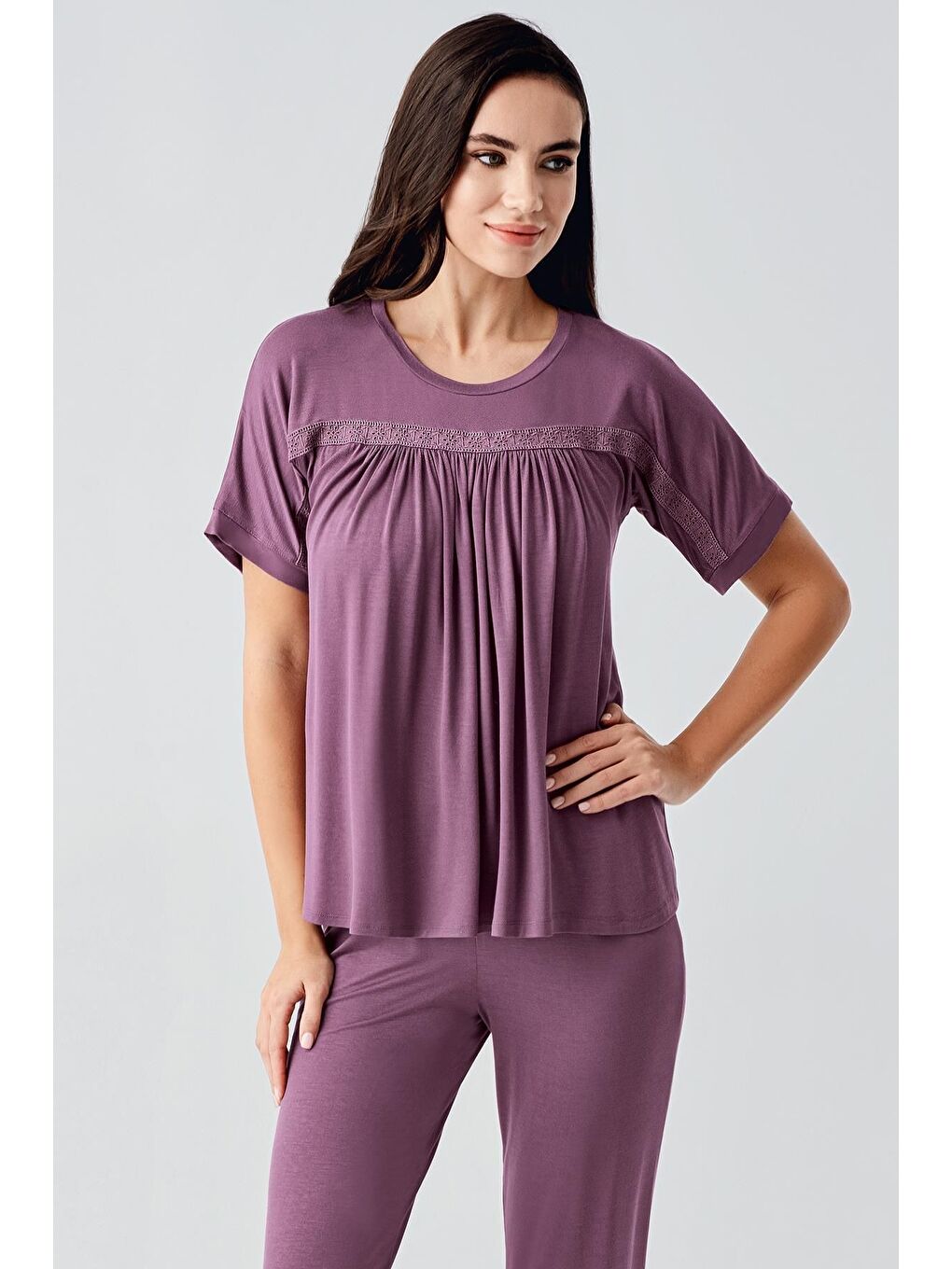 Mürdüm Dantelli Kısa Kollu Esnek Viskoz Pijama Takım 17204-1