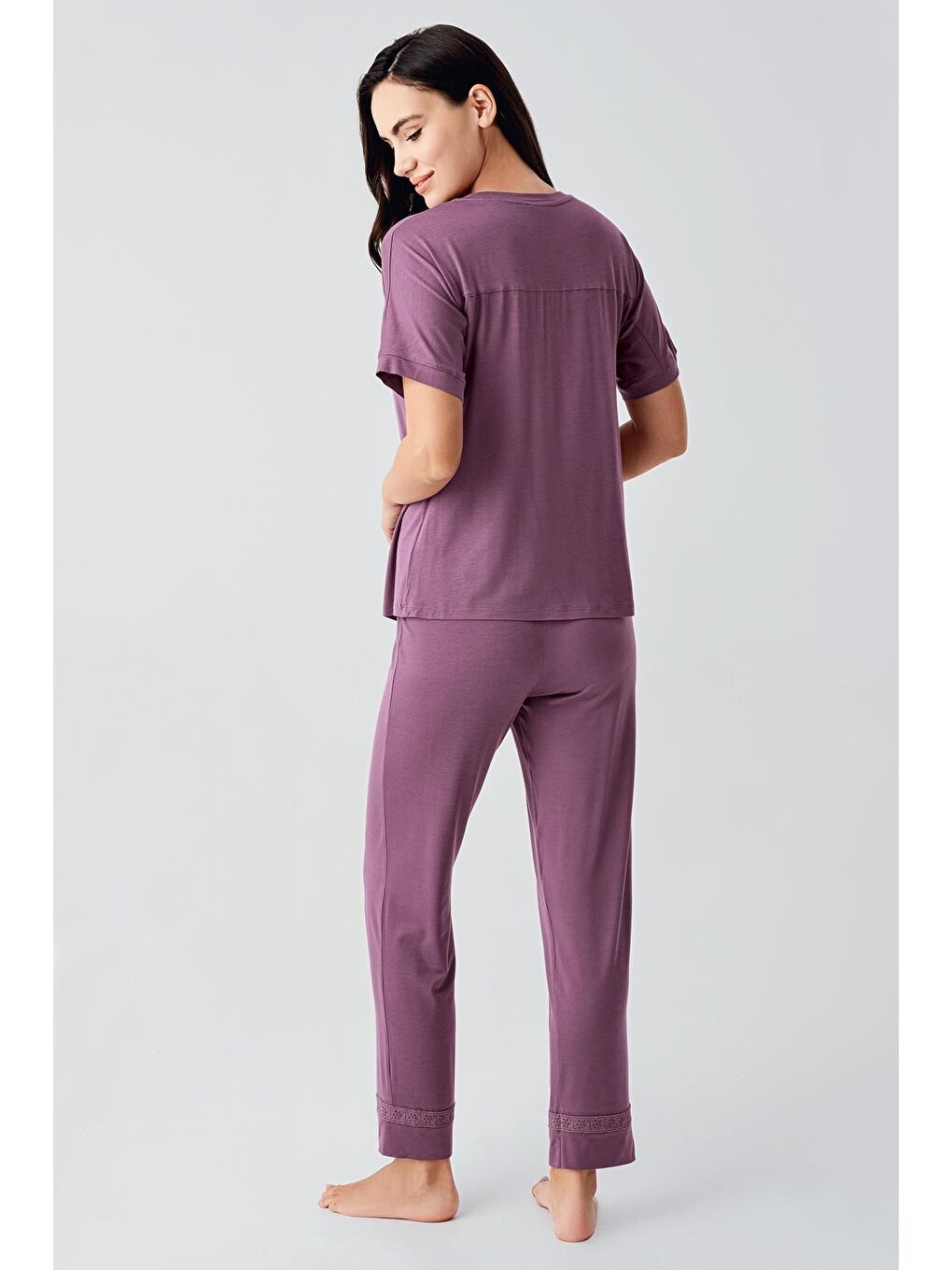 Mürdüm Dantelli Kısa Kollu Esnek Viskoz Pijama Takım 17204-2