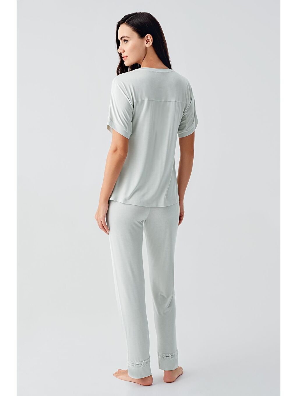 Yeşil Dantelli Kısa Kollu Esnek Viskoz Pijama Takım 17204-2