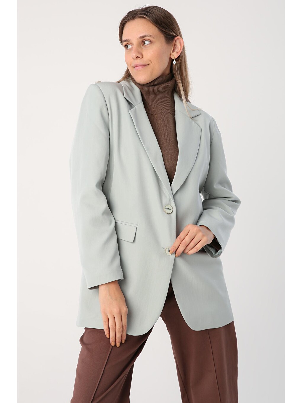 Yeşil Mint Düğmeli Blazer Ceket-3