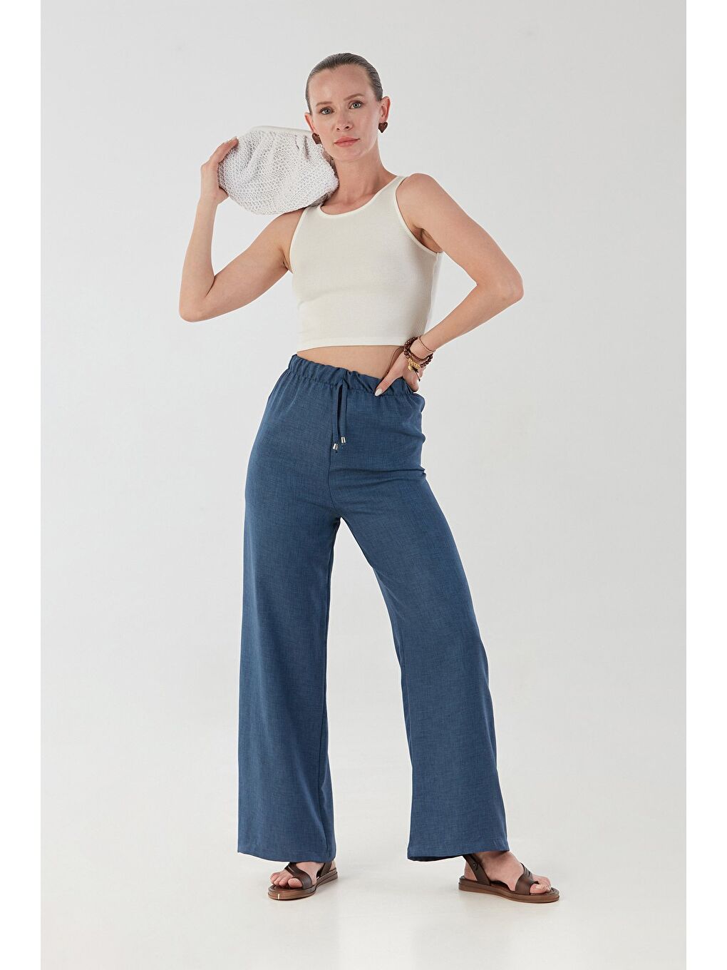 Lacivert Beli Lastikli Palazzo Pantolon