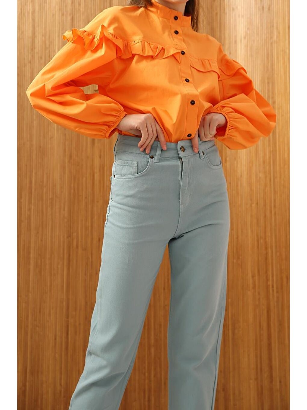 Mavi-Rahat Kalıp Mom Pantolon-4