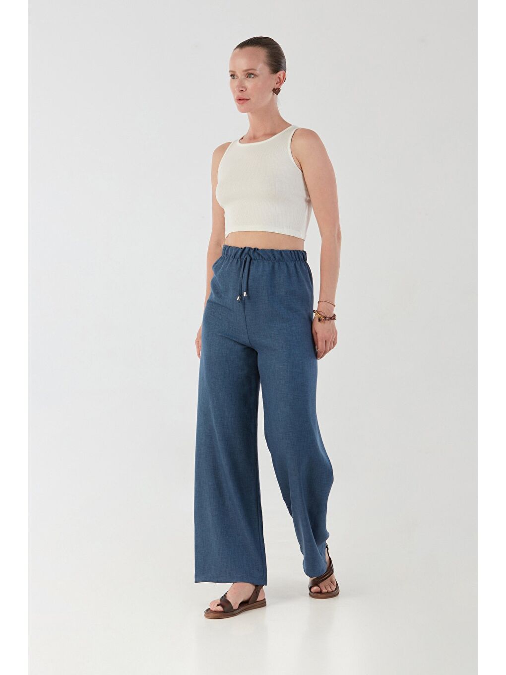 Lacivert Beli Lastikli Palazzo Pantolon-1