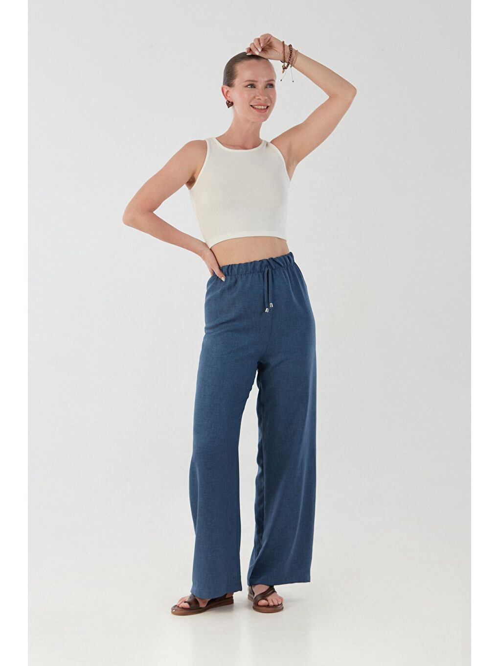 Lacivert Beli Lastikli Palazzo Pantolon-2