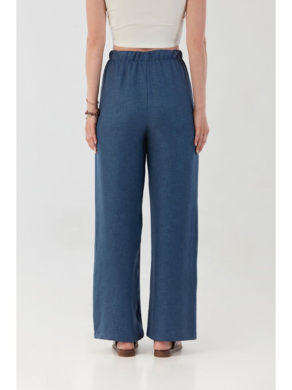 Lacivert Beli Lastikli Palazzo Pantolon-3