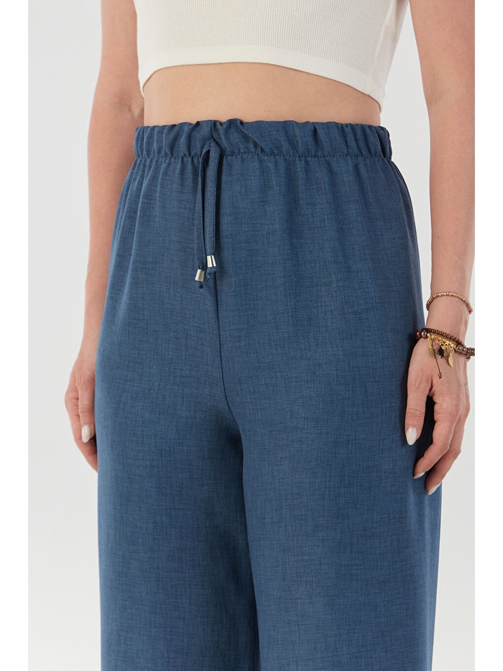 Lacivert Beli Lastikli Palazzo Pantolon-4