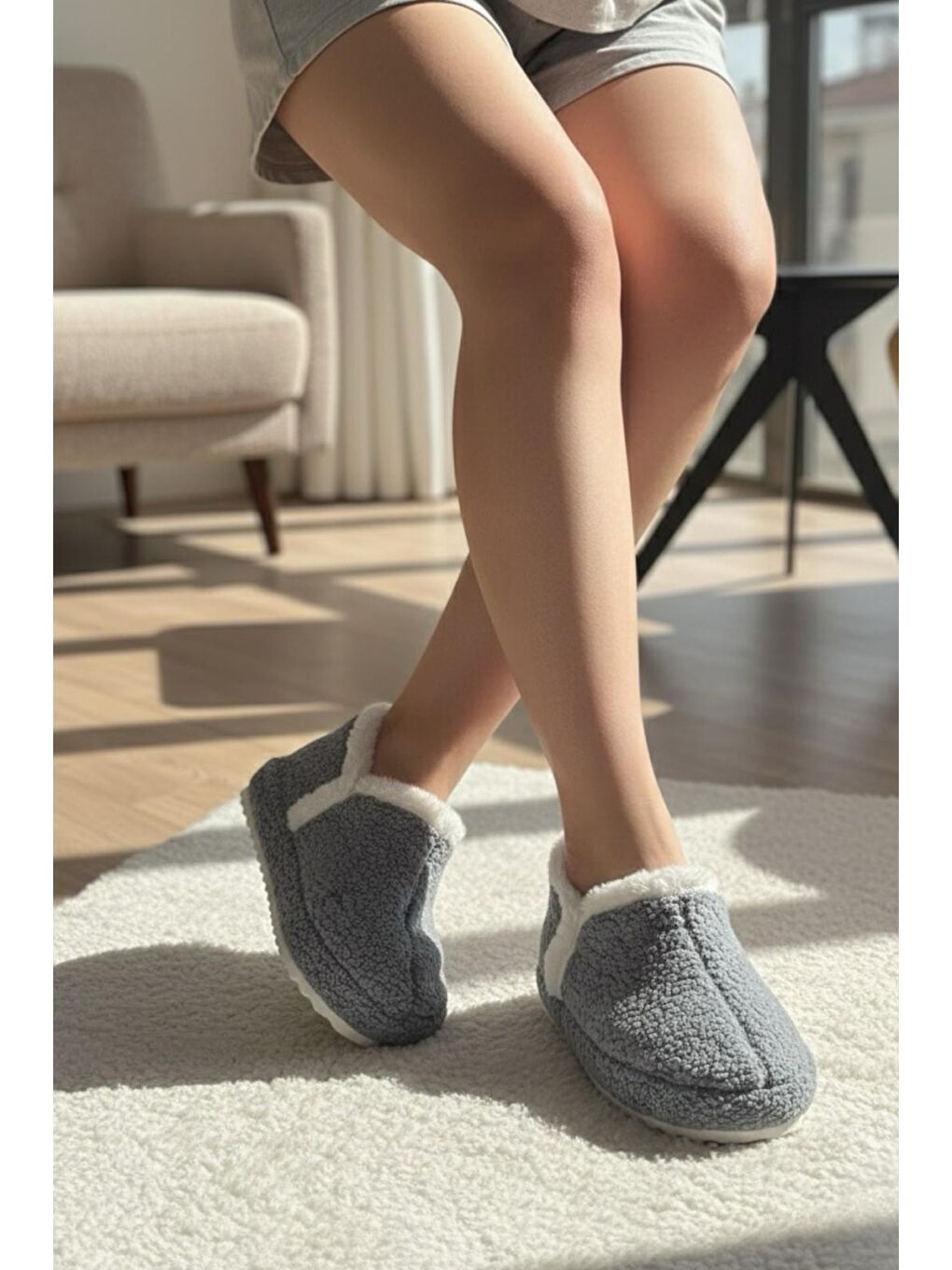 Gri Lory Kadın Ev Botu Pelüş Ev Pandufu Ses Yapmaz Taban Sıcak Kürklü Panduf-1