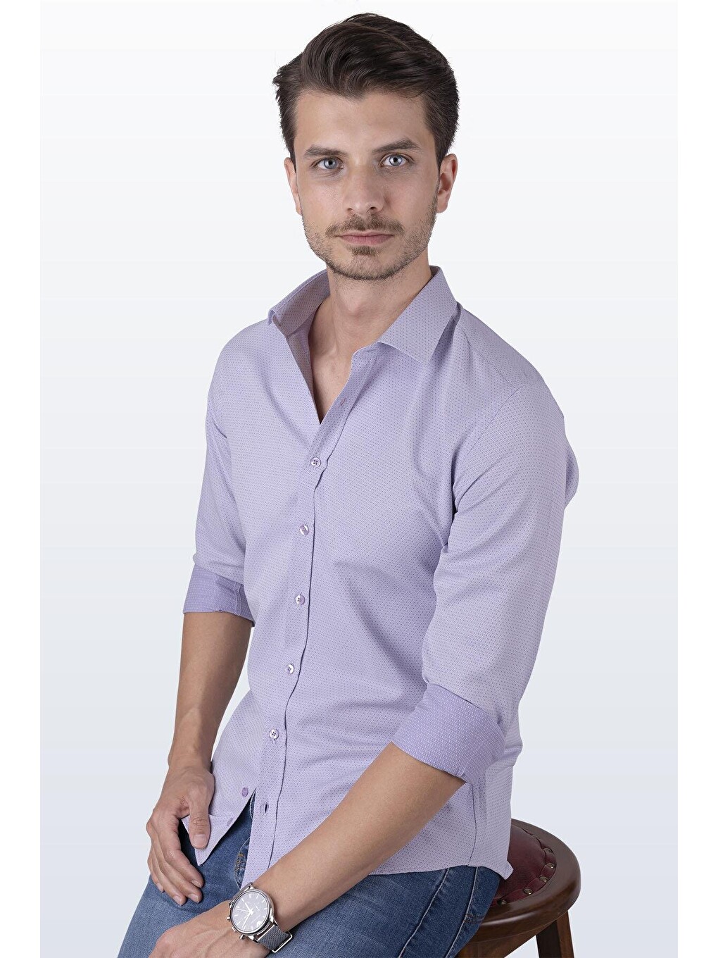 Lila Armür Desenli Slimfit Erkek Gömlek-1