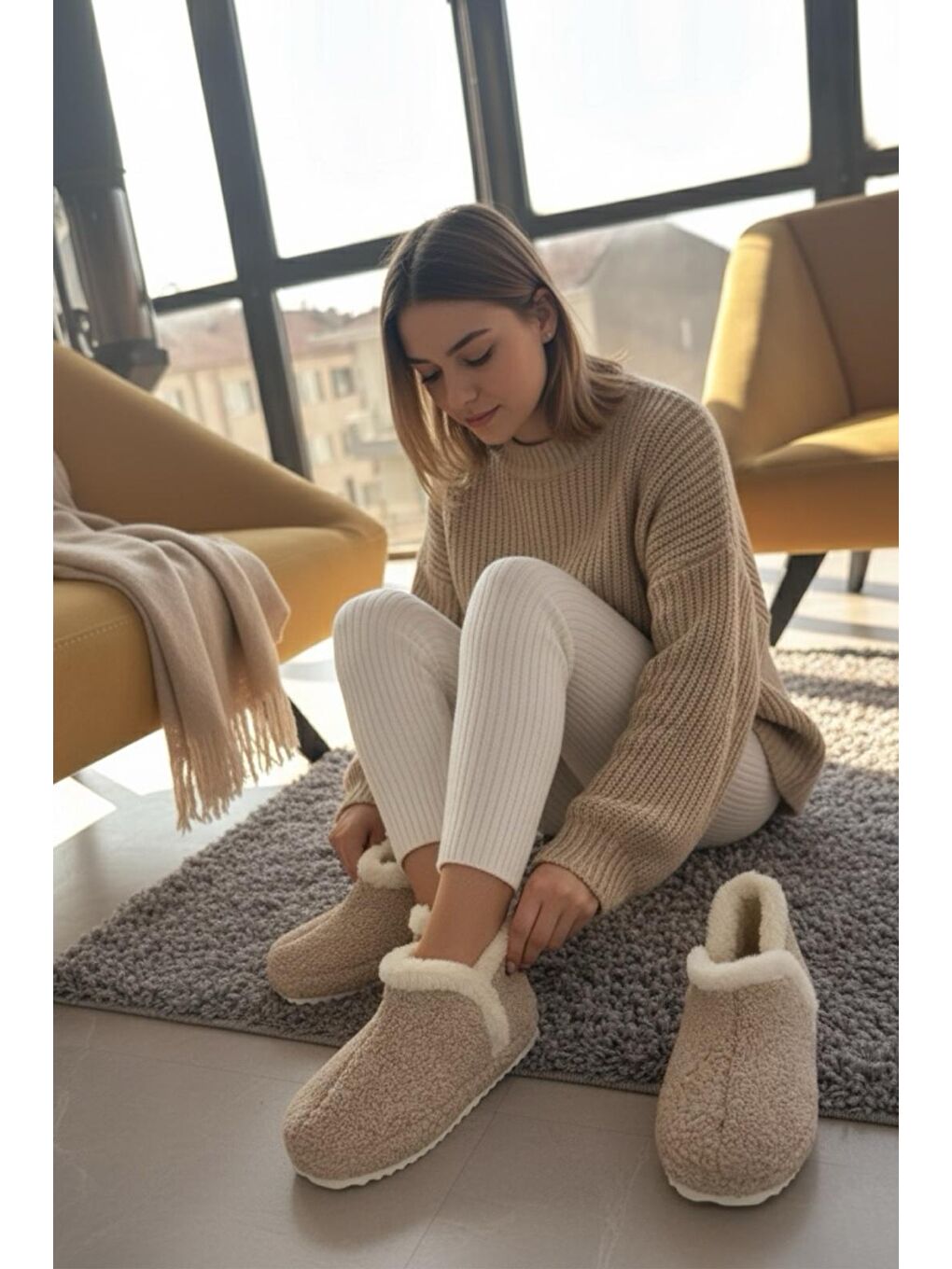 Kahverengi Lory Kadın Ev Botu Pelüş Ev Pandufu Ses Yapmaz Taban Sıcak Kürklü Panduf-2