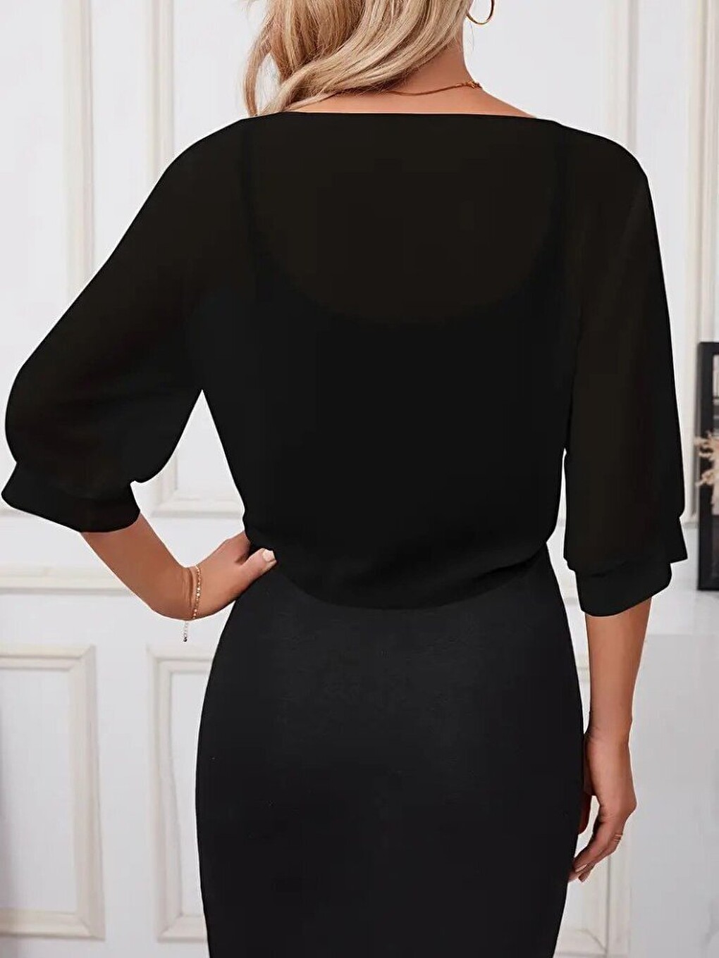 Siyah Kadın Truvakar Kol Önden Bağlamalı Kısa Şifon Bolero Ceket-1