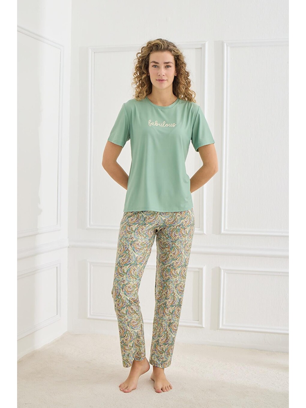 Yeşil Kadın Şal Desenli Bisiklet Yaka Pijama Takım | Mint 30102-964