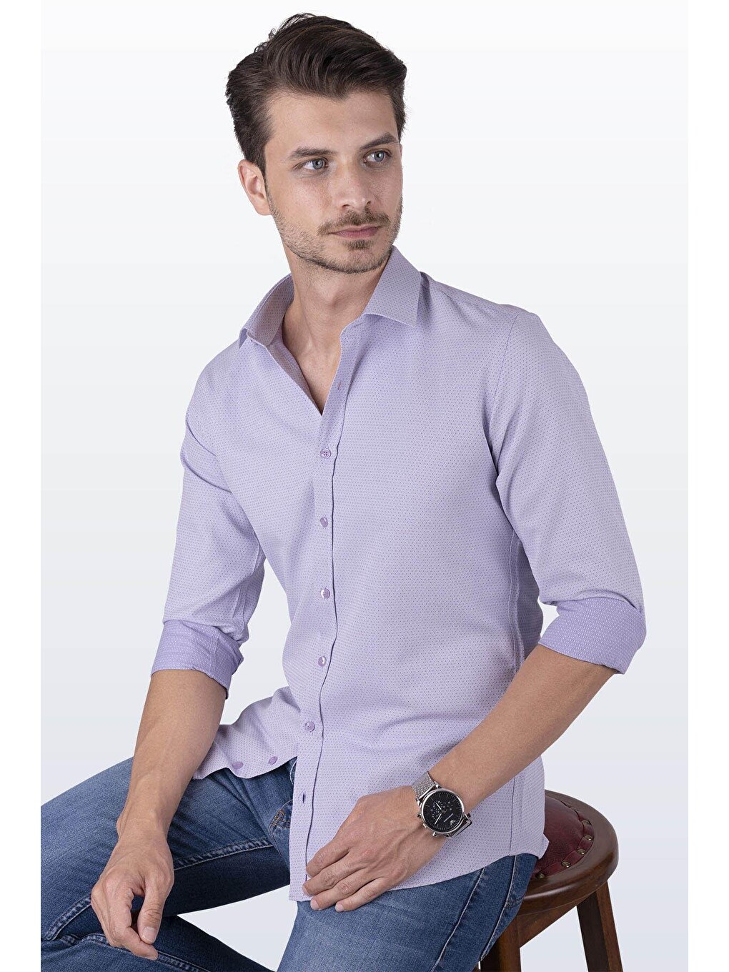 Lila Armür Desenli Slimfit Erkek Gömlek-2