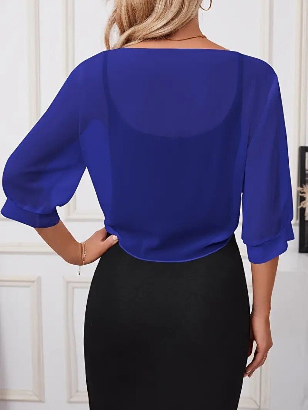 Mavi Kadın Truvakar Kol Önden Bağlamalı Kısa Şifon Bolero Ceket-1