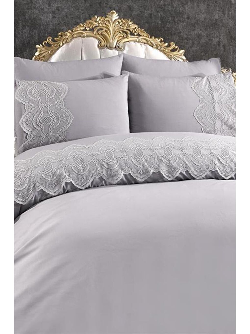 Karışık Fransız Dantelli Eslem Çeyizlik Nevresim Takımı Gri-3