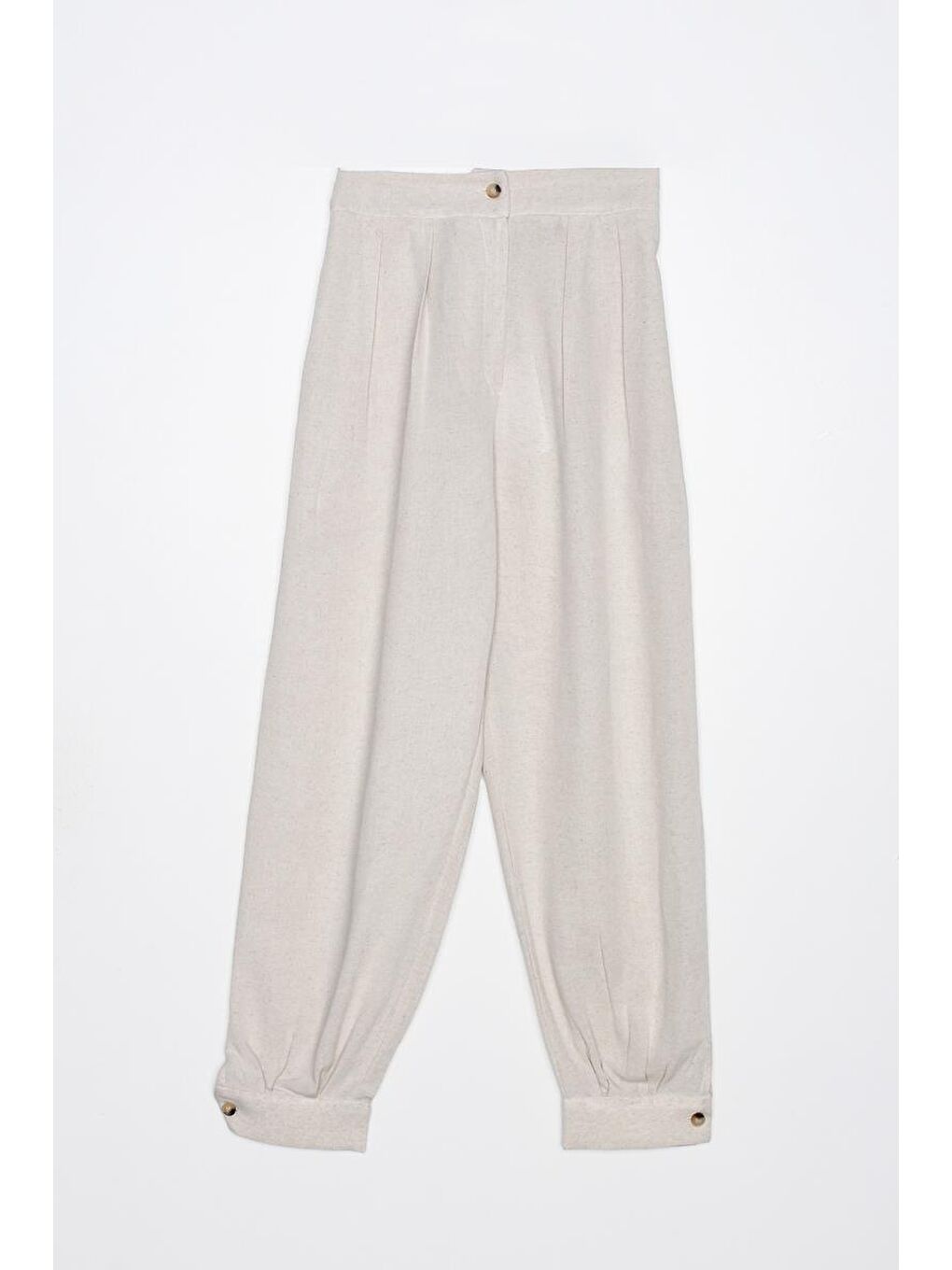 Bej Taş-Pileli Paça Apoletli Keten Pantolon-4