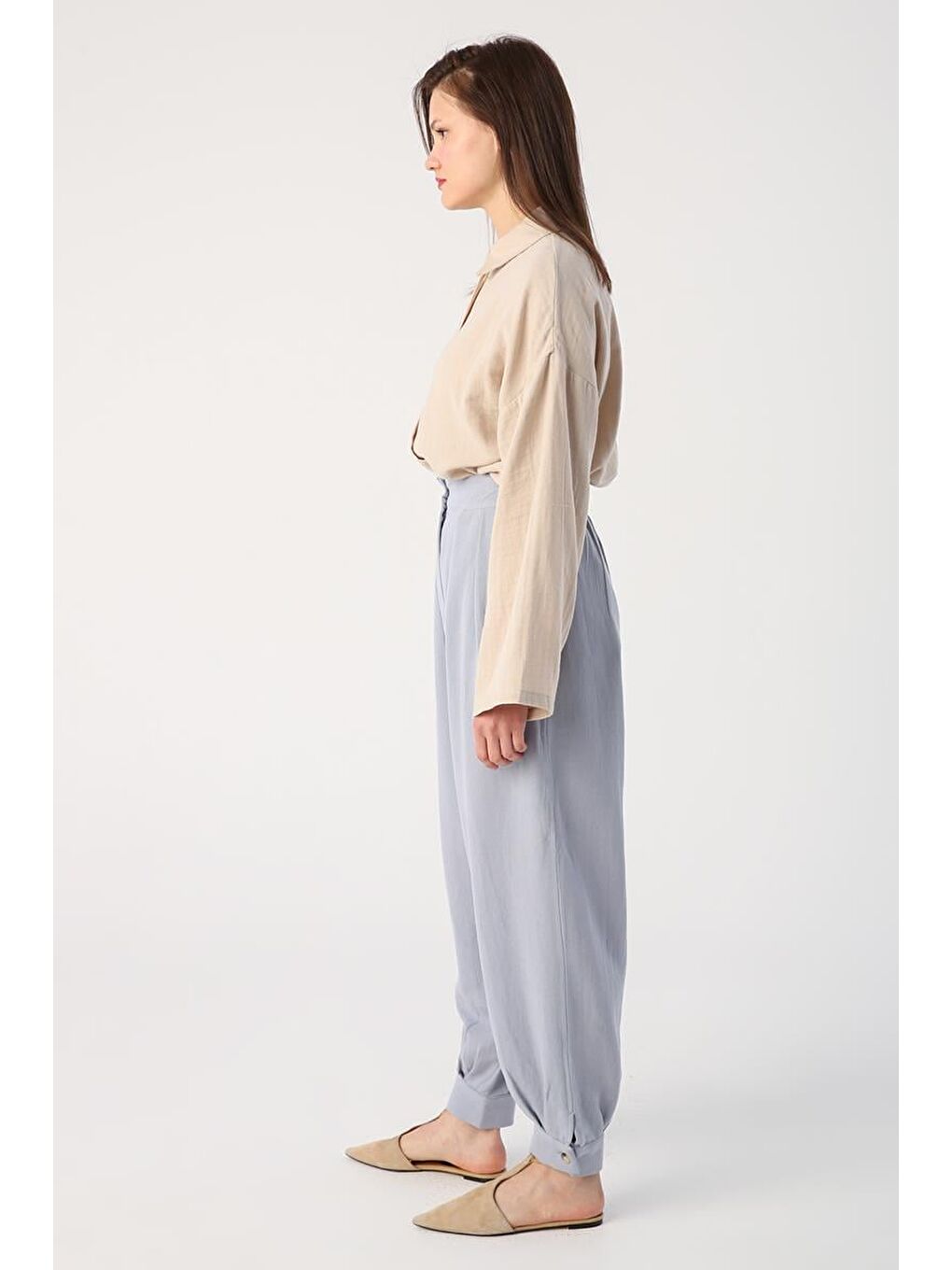 Gri-Pileli Paça Apoletli Keten Pantolon-1