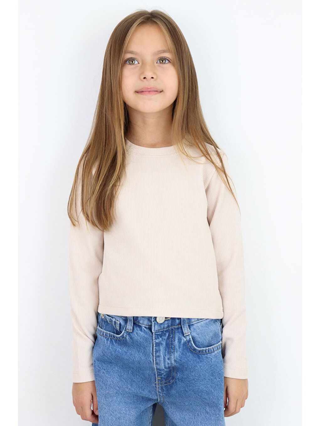 Kız Çocuk Uzun Kollu Tişört Kemer Boy Basic Bej (9-14 Yaş)