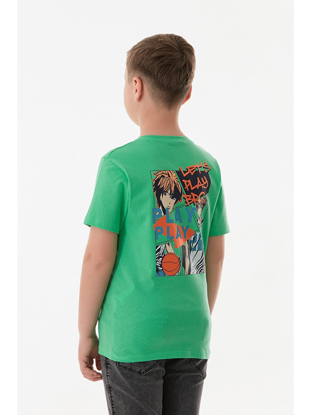 Yeşil Arkası Anime Baskılı Erkek Çocuk Tişört-3