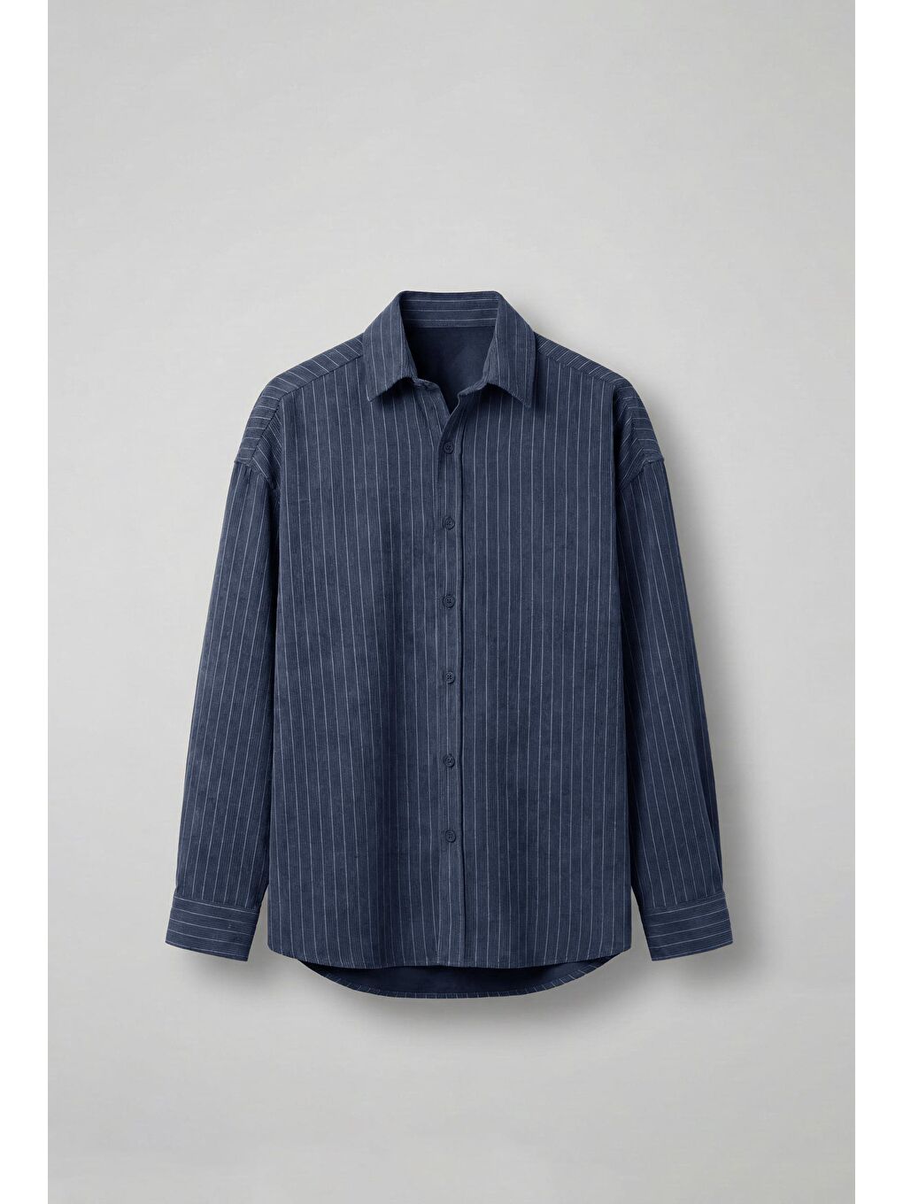 Erkek Oversize Çizgili Uzun Kollu Gömlek Lacivert