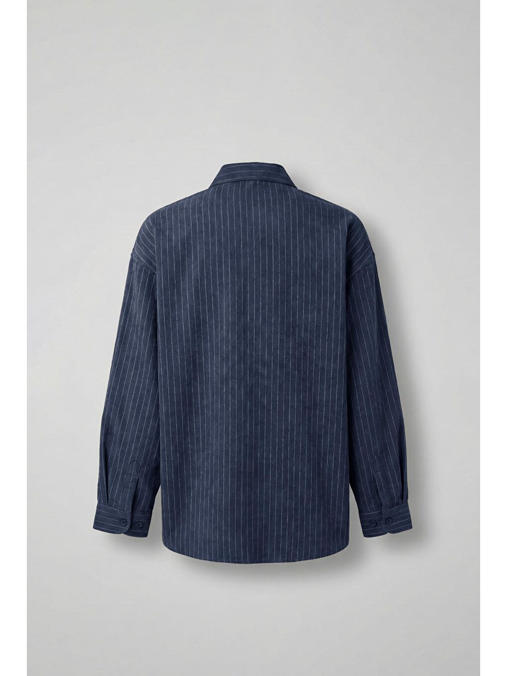 Erkek Oversize Çizgili Uzun Kollu Gömlek Lacivert-1