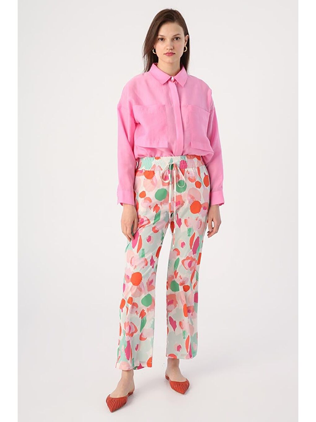 Beyaz-Pembe-Desenli Beli Lastikli Rahat Kalıp Pantolon-2