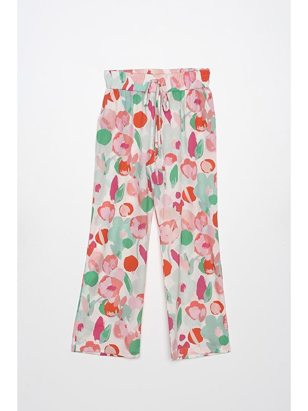 Beyaz-Pembe-Desenli Beli Lastikli Rahat Kalıp Pantolon-5