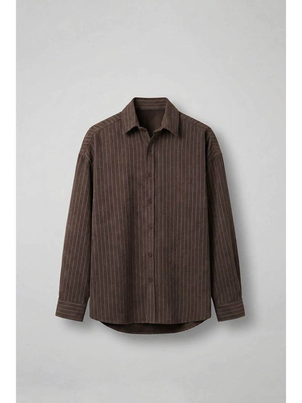Erkek Oversize Çizgili Uzun Kollu Gömlek Kahverengi