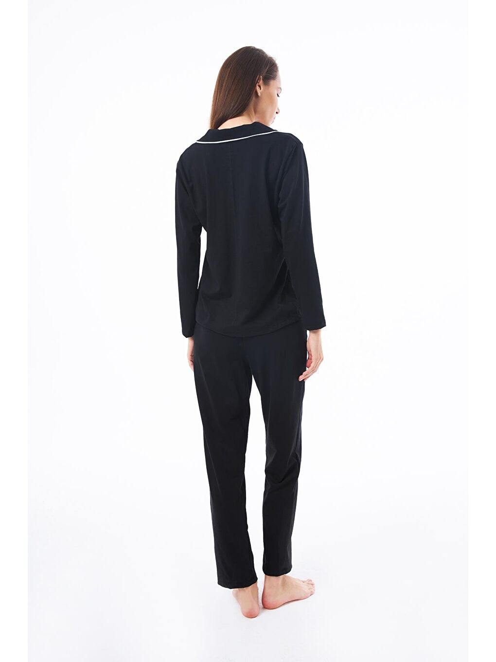 Siyah Önden Düğmeli Pamuklu Kadın Pijama Takımı-4