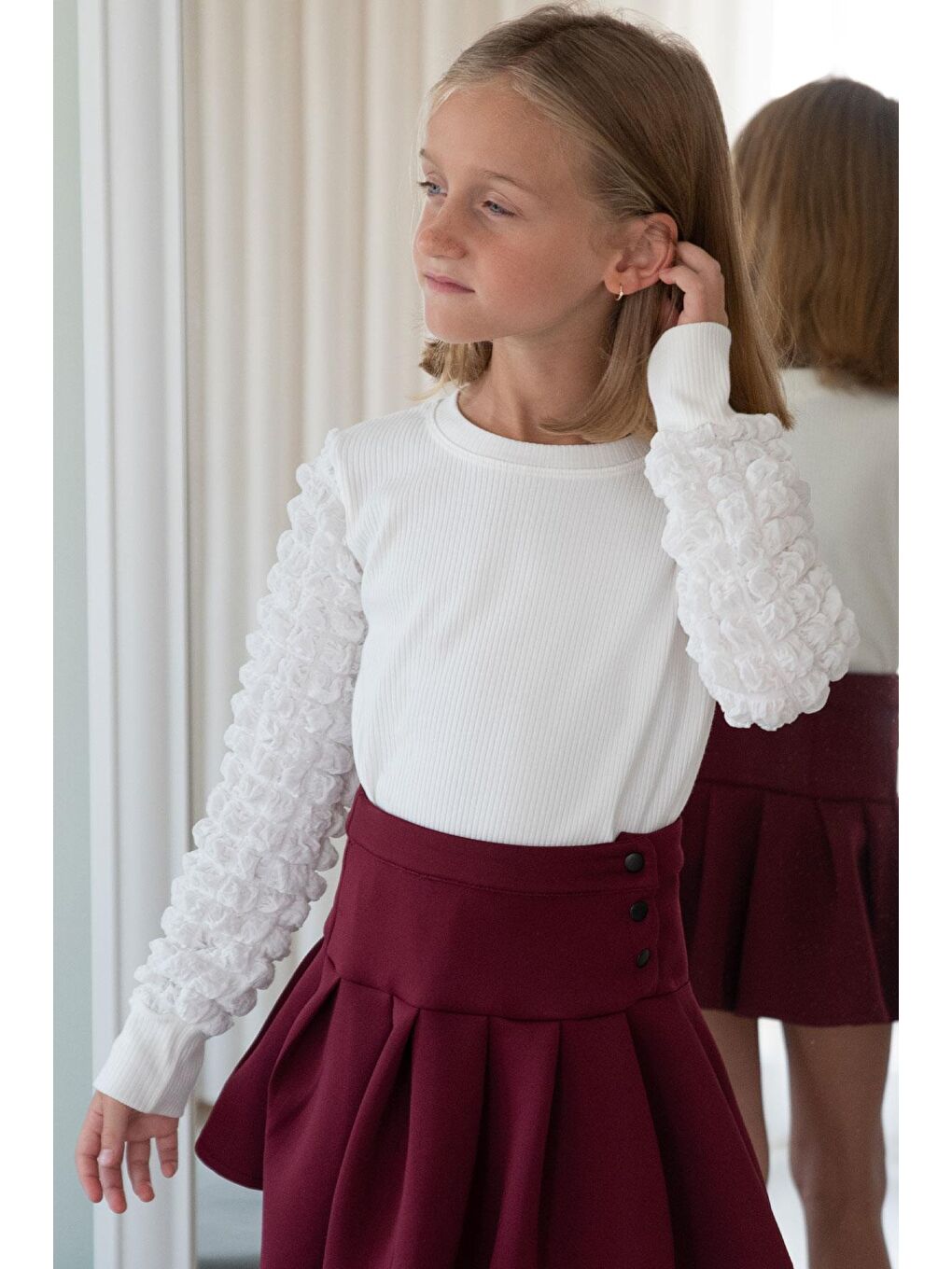 Kız Çocuk Uzun Kollu Tişört Kolları Bürümcük Kumaş Detaylı Ekru (8 Yaş)-1