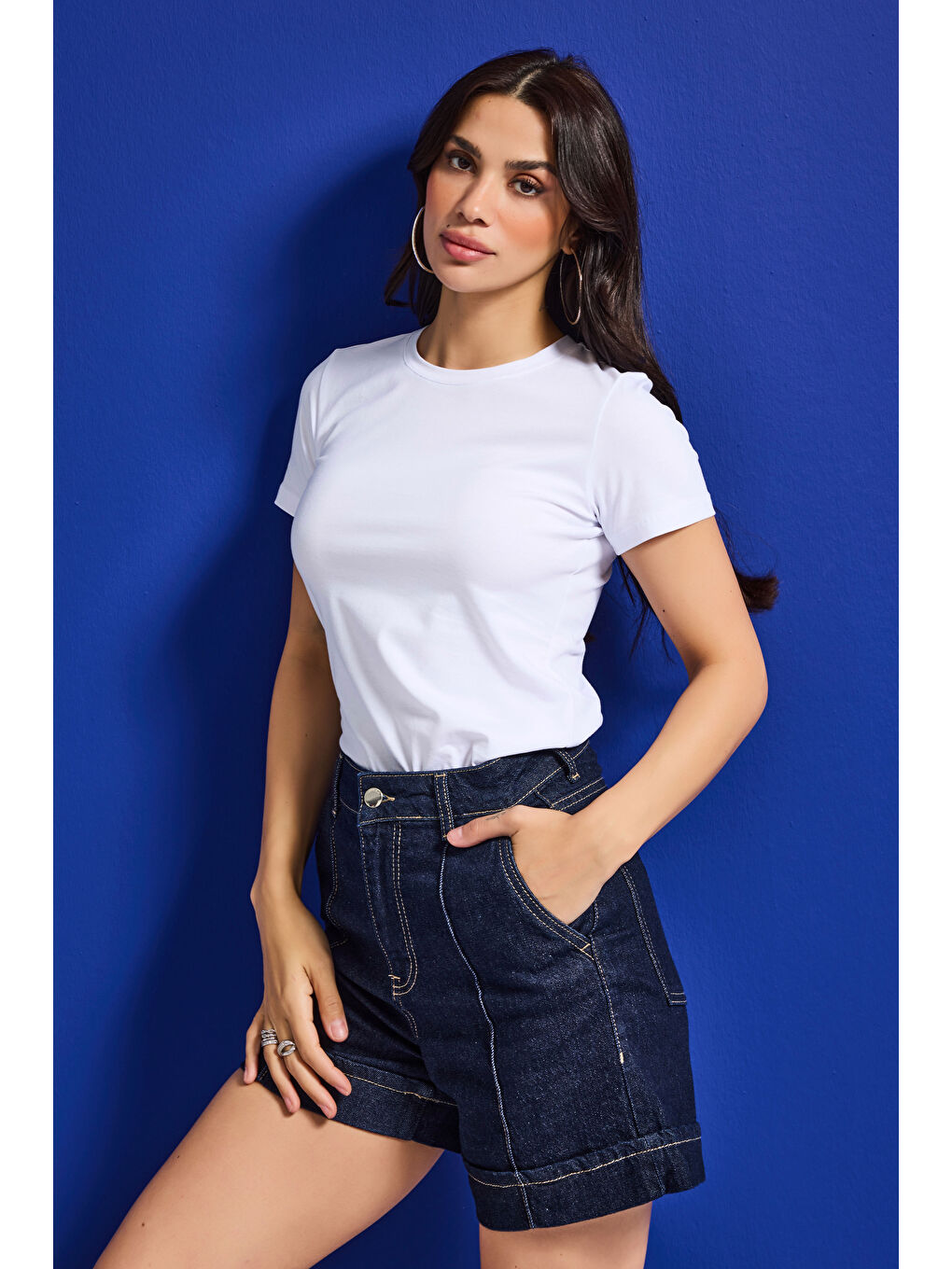 Kadın Beyaz s6-2 Bisiklet Yaka %100 Organik Pamuk Esnek Kumaş T-Shirt-1