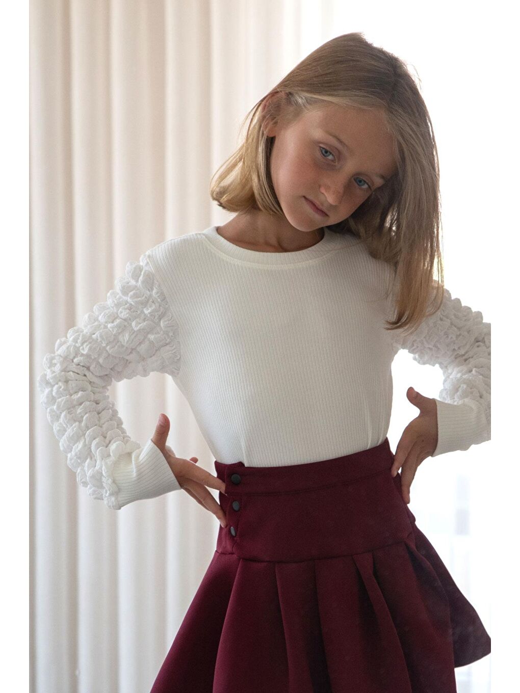 Kız Çocuk Uzun Kollu Tişört Kolları Bürümcük Kumaş Detaylı Ekru (8 Yaş)-2