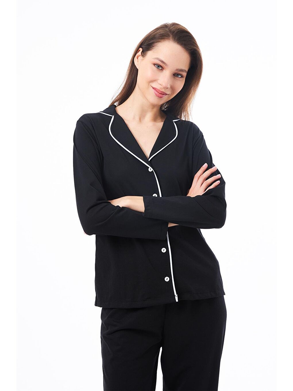 Siyah Önden Düğmeli Pamuklu Kadın Pijama Takımı-6