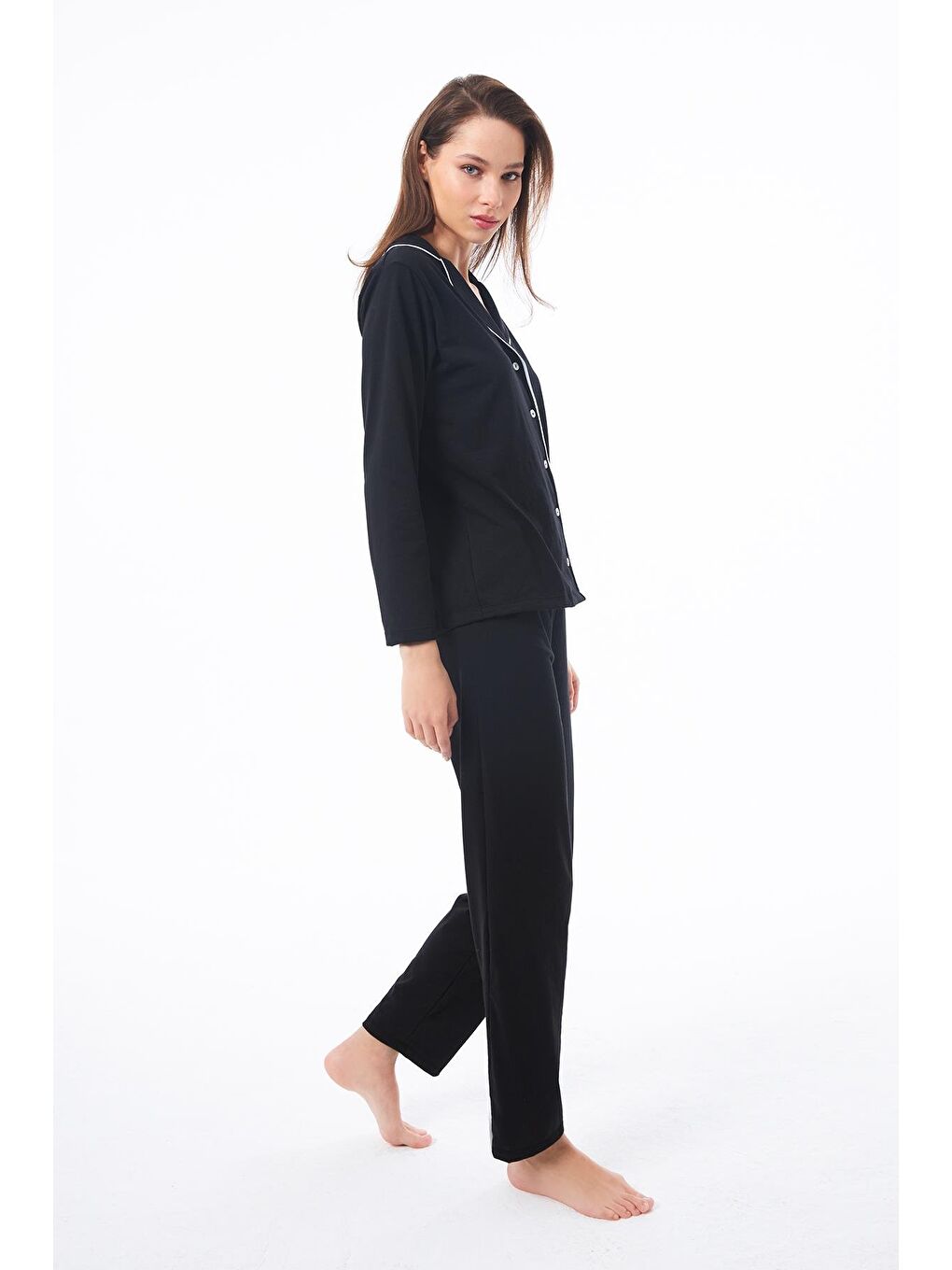 Siyah Önden Düğmeli Pamuklu Kadın Pijama Takımı-7