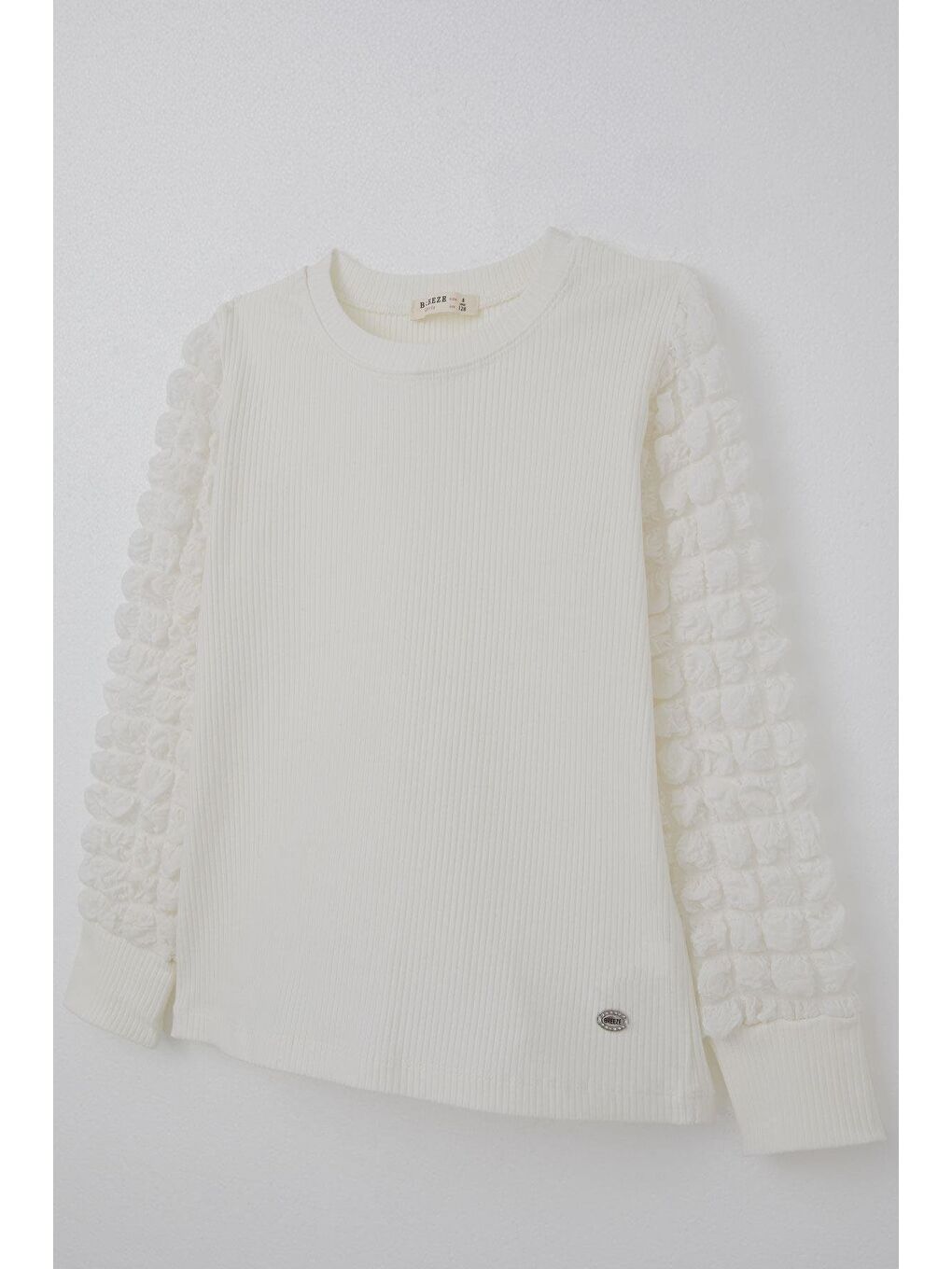 Kız Çocuk Uzun Kollu Tişört Kolları Bürümcük Kumaş Detaylı Ekru (8 Yaş)-5