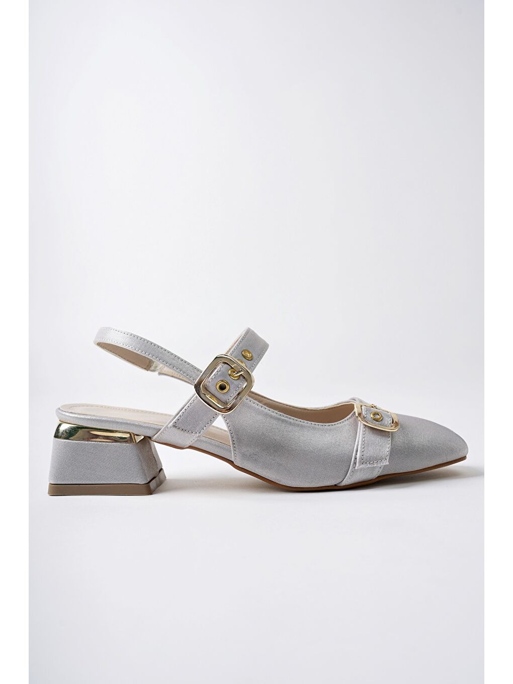 Gri GİGİ Arkası Açık Küt Burun Çift Kemerli Kadın Günlük Klasik Kısa Topuklu Ayakkabı