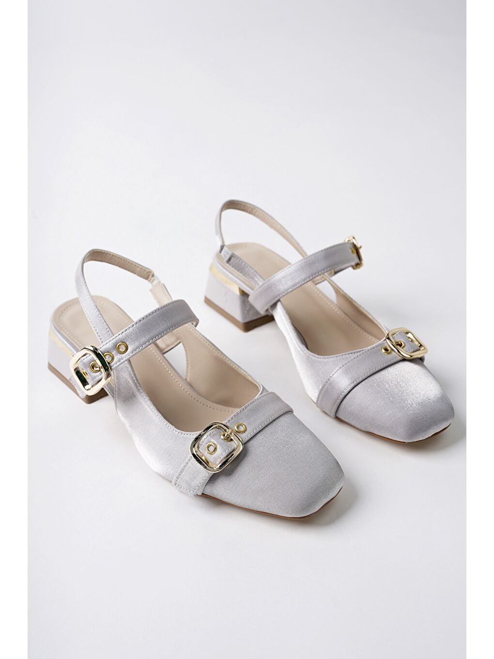 Gri GİGİ Arkası Açık Küt Burun Çift Kemerli Kadın Günlük Klasik Kısa Topuklu Ayakkabı-2