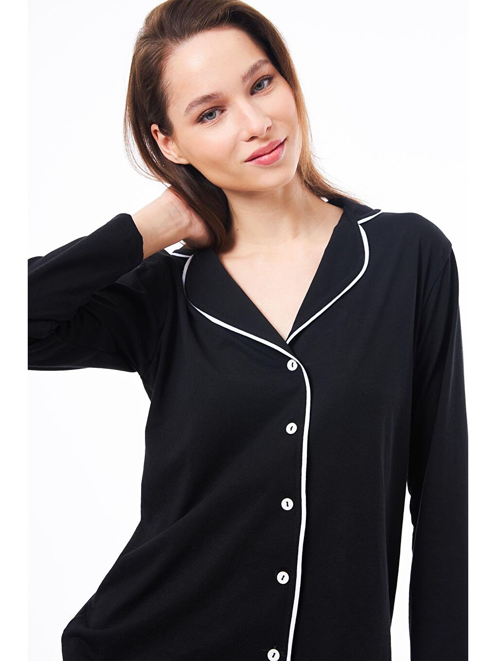 Siyah Önden Düğmeli Pamuklu Kadın Pijama Takımı-9