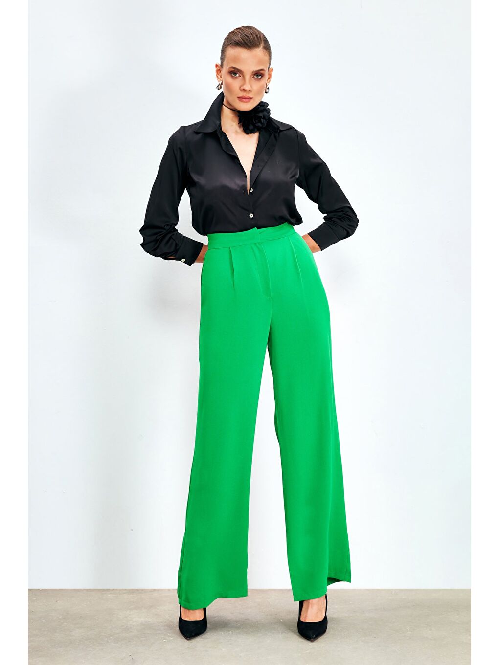 Pileli Krep Pantolon - Yeşil-2