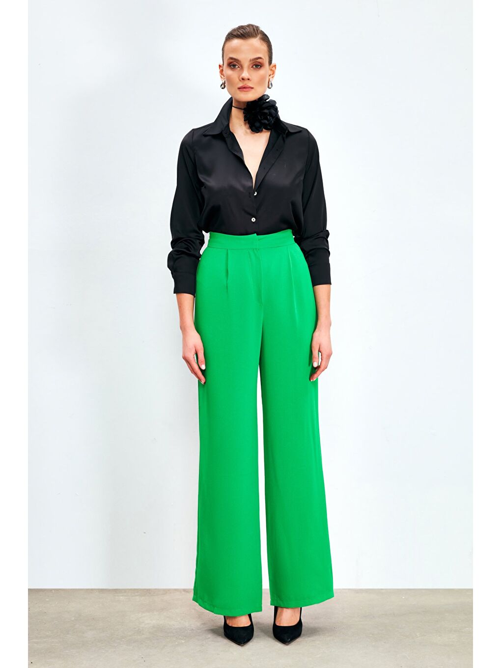 Pileli Krep Pantolon - Yeşil-3