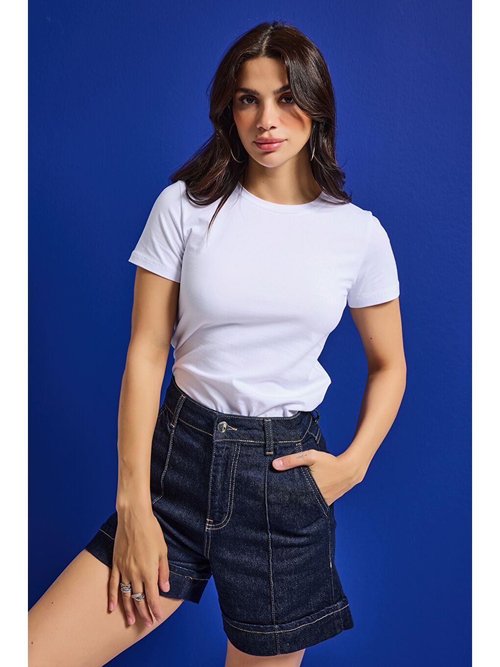 Kadın Beyaz s6-2 Bisiklet Yaka %100 Organik Pamuk Esnek Kumaş T-Shirt-4