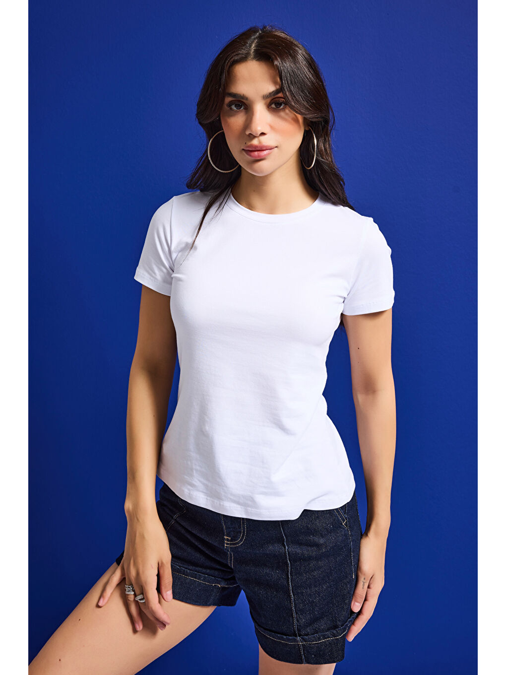 Kadın Beyaz s6-2 Bisiklet Yaka %100 Organik Pamuk Esnek Kumaş T-Shirt-5